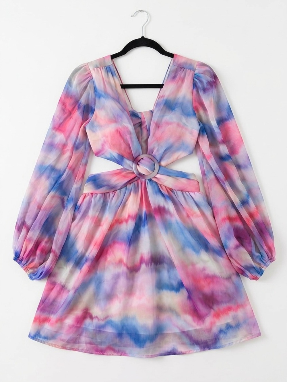 Tie-Detailed Pastel Watercolor Mini Dress - Pink & Blue